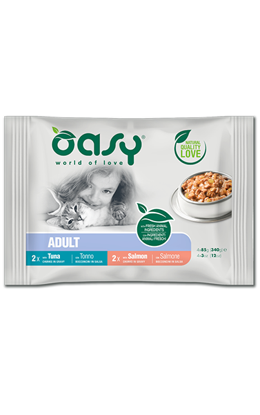 Oasy Bocconcini in Salsa Tonno e Salmone 4x85g - Cibo Umido per Gatti Oasy Bocconcini in Salsa Tonno e Salmone 4x85g - Cibo Umido per Gatti